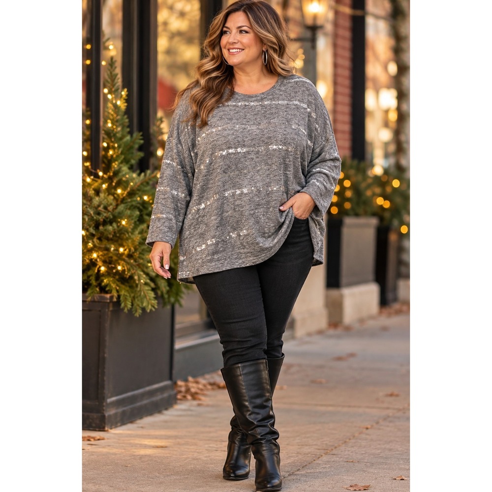 Cato Woman 26/28W Gray Sequin Knit Top Plus Size Long Sleeve Sparkle 4X
